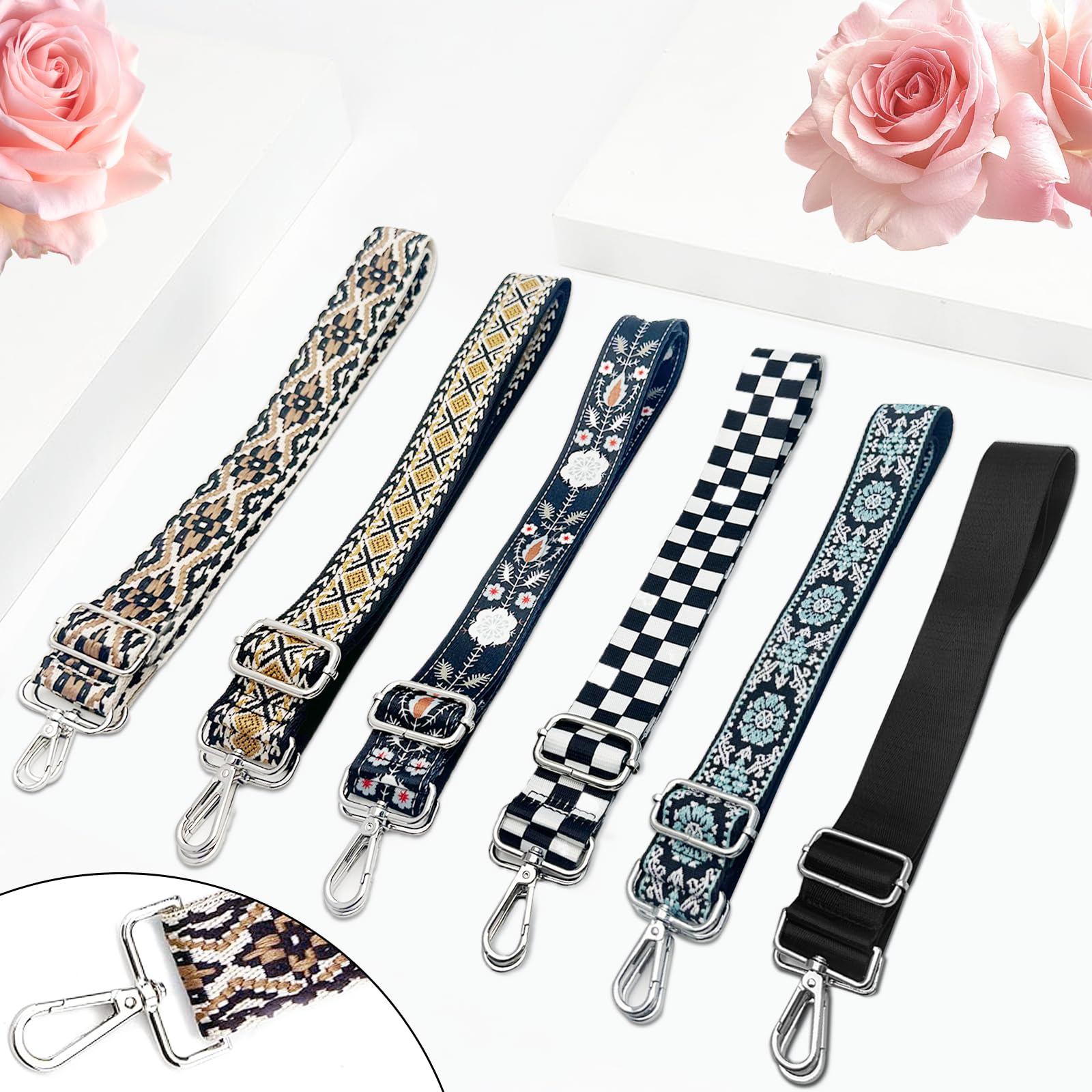 Correa cruzada ajustable de repuesto, correa de hombro ancha con herrajes plateados, bordado jacquard universal para bolsos y bolsas de lona (negro-nieve)