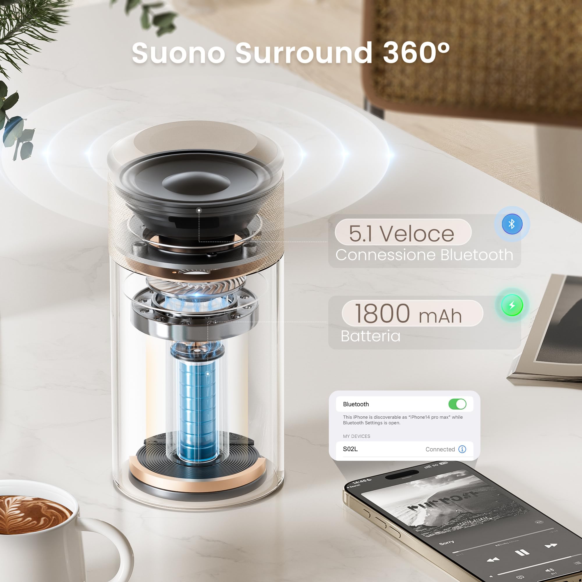 COLSUR 3 in 1 Cassa Bluetooth Potente, Caricatore Wireless per iPhone AirPods, Altoparlante Bluetooth con Luce Notturna, idee Regali Regalo uomo donna, Addobbi Natalizi per la casa - Oro