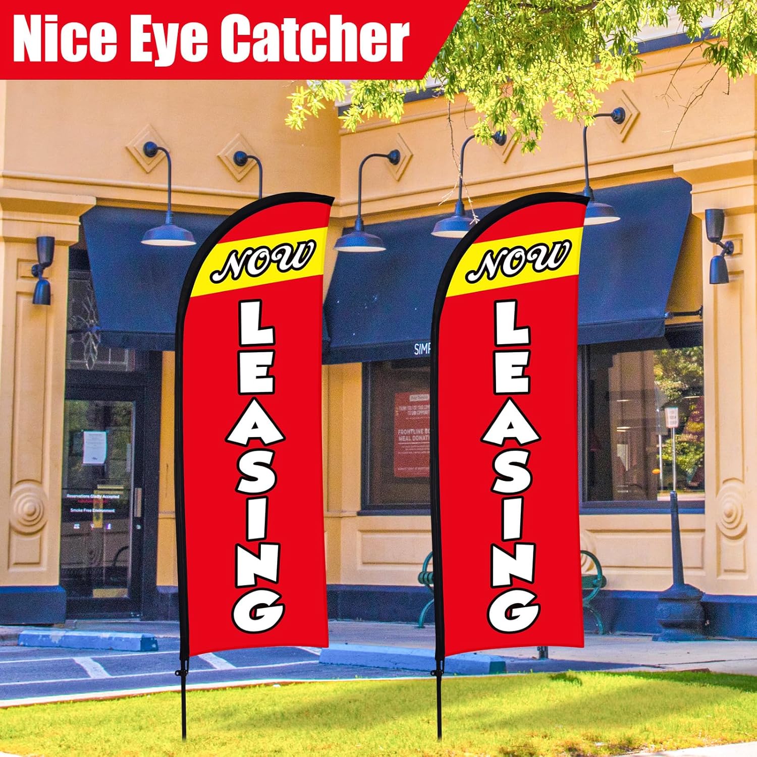 Buryeah 2 Sets Now Leasing Feather Flag Pole Kit Now Leasing Flags Banners Advertising Sign with Flag Pole Ground Stake and Portable Bag for Advertising Business(7ft,Red)