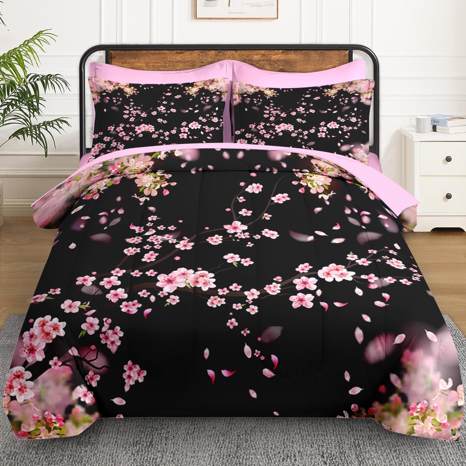 WeCozy 5 Pcs Twin Size Comforter Set with Pillowcase & Sham, Tree Flower Floral Bedding for Kids and Adults, Pink Cherry Blossom Bed in a Bag with Flat Fitted Sheet