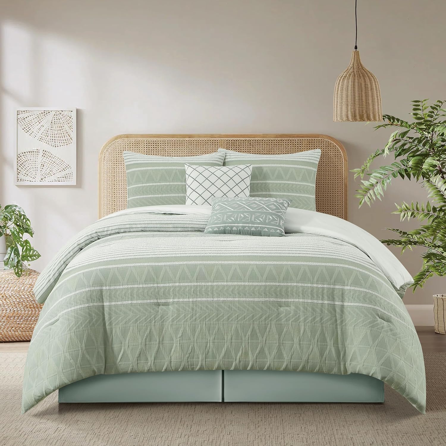 Grand Avenue Cotton King Size Comforter Set, 6 Piece, Sage Geometric Jacquard Bedding Set, Bedskirt, Pillows & Shams, Home Decor Sage-1 King