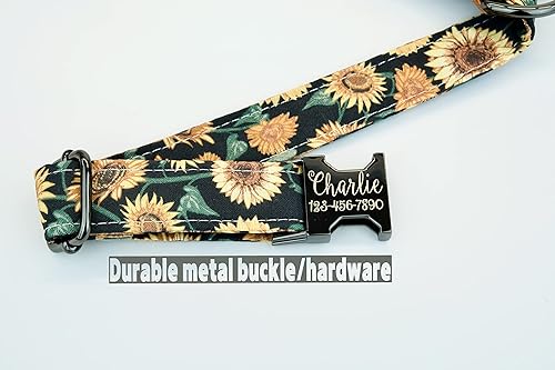 Miniatura 3 de Sunflower Dog Collar w/Metal Buckle, Hand Made, Custom Engraved Personalized Collar, 1 inch Wide, Designer Collars, Floral or Pumpkin