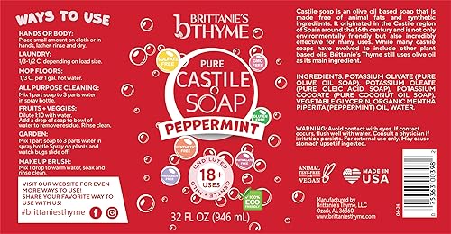 Miniatura 4 de Brittanie's Thyme Pure Castile - Repuesto de jabón líquido (menta, 32 onzas, paquete de 2)  Para cabello y cuerpo, suave y puro, fabricado con