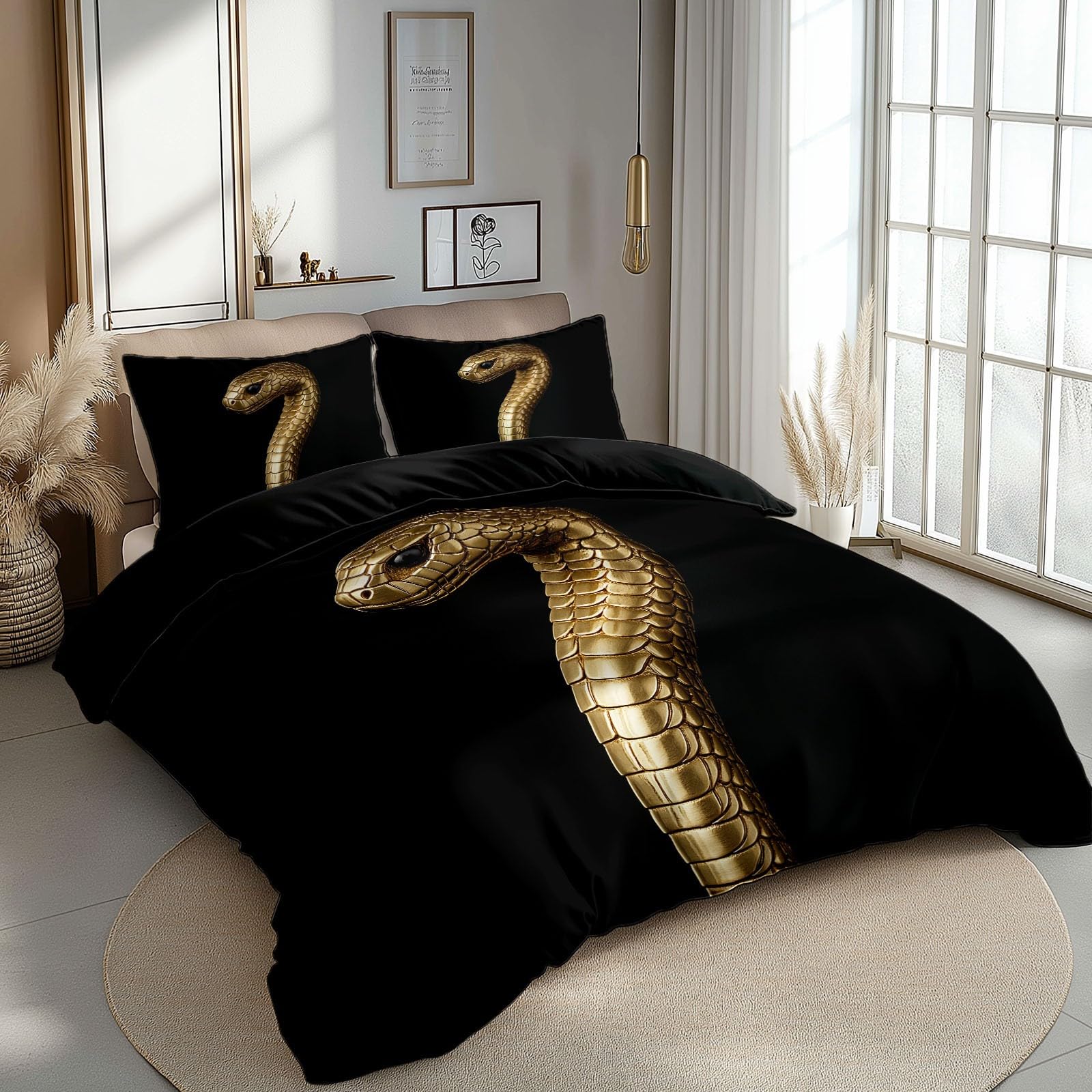 Small Double Size Printed Duvet Cover Set Premium Brushed Microfiber Bedding Set With Zipper Closure Ultrasoft Hypoallergenic Reversible Black Duvet Covers Non Iron Gold Snake Head