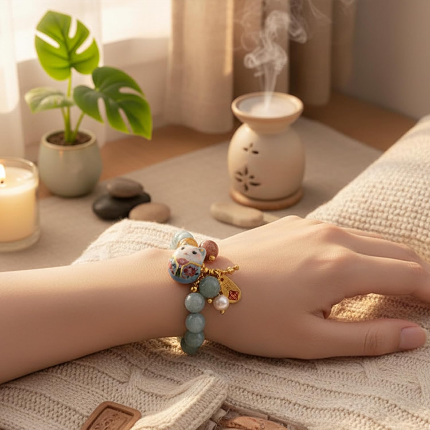 2Pcs Lucky Cat Bracelet for Women Blue Crystal Beads & Hand-Painted Ceramic Cat Charm A Symbolic Gift of Good Luck Protection Wealth and New Beginnings Meaningful Accessory for Mother’s Day - Image 2