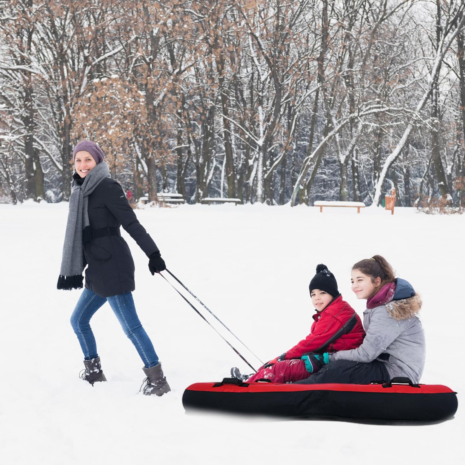 Traîneau Gonflable pour 2 Personnes, Luge Bouée Gonflable pour 2 Personnes, Traîneau à Neige Robuste en Caoutchouc avec Fond Rigide Sangle de Remorquage, Siège Rembourré