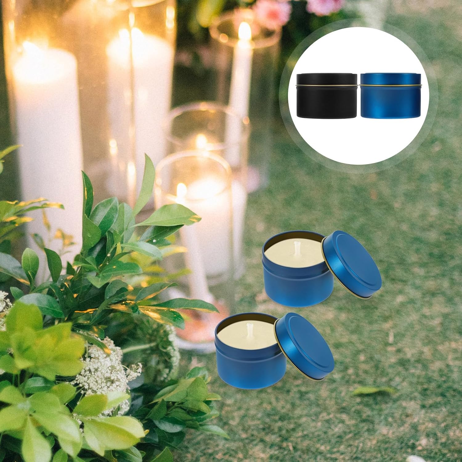 SEWACC 24Pcs 4Oz Metal Candle Tins with Lids Aromatherapy Votive Candle Holders Black Exterior Gold Interior Blue Jars for DIY Home Décor and Travel Use