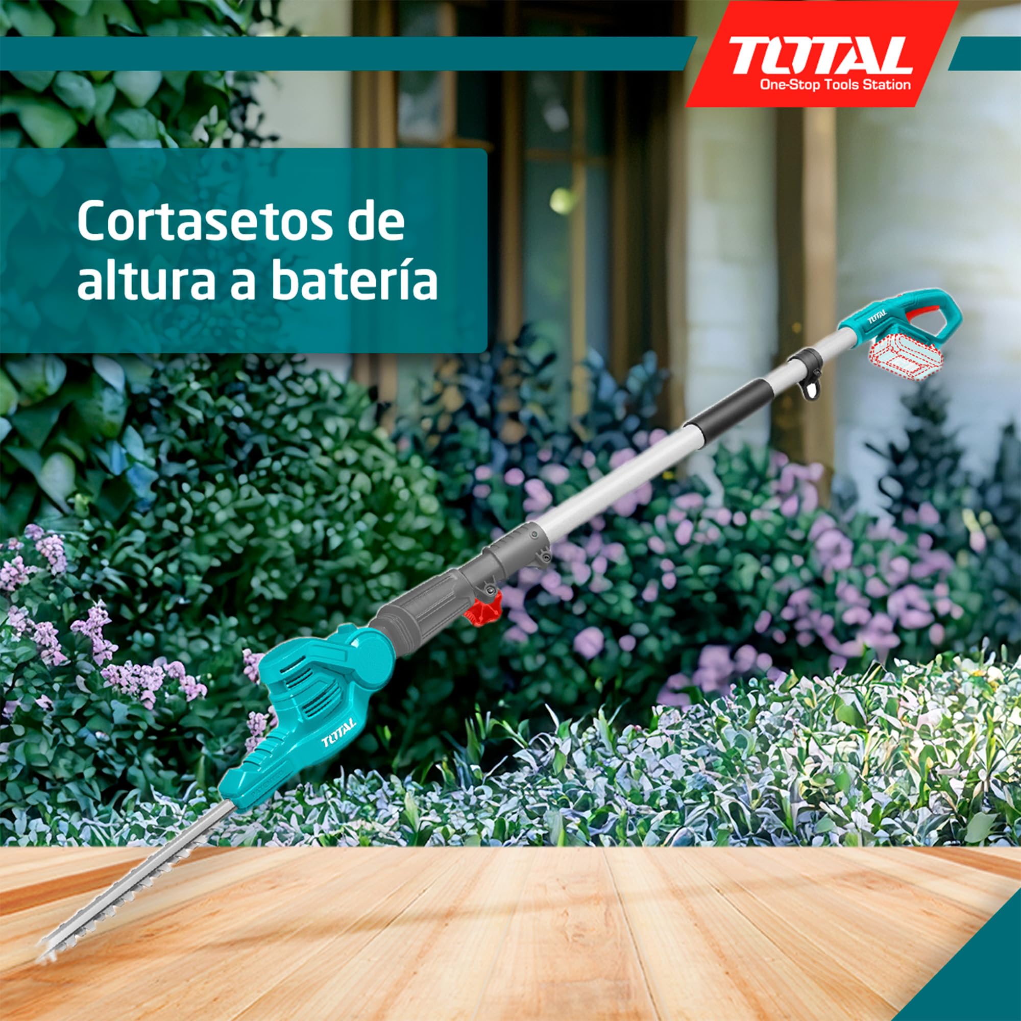 TOTAL Cortasetos de Altura a Batería, Batería de 20V de Larga Duración, Ligero, Cómodo de Usar: Cabezal Giratorio y Barra Extensible, Corte preciso, Gran Alcance: 2.4,