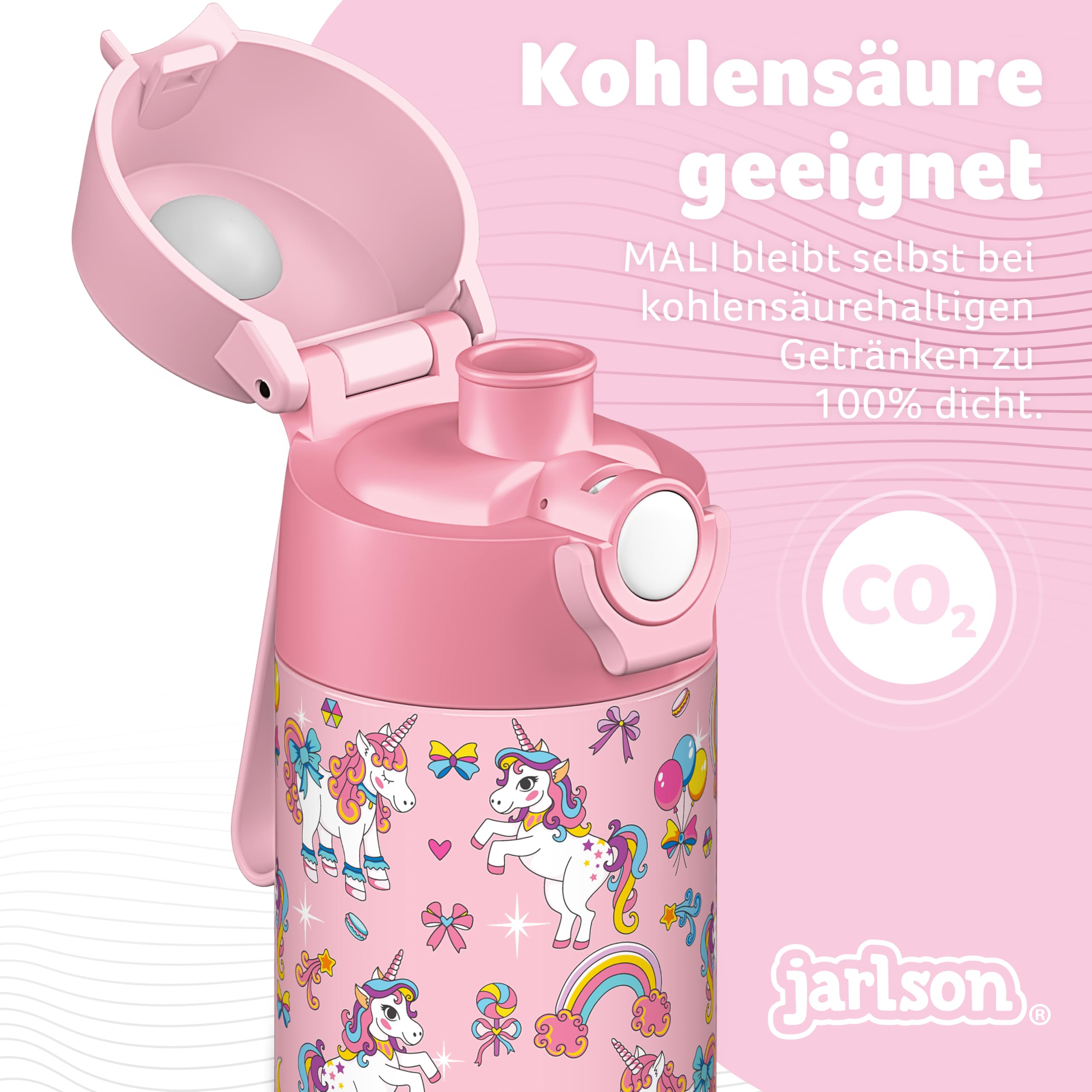 Jarlson® Trinkflasche Kinder Edelstahl MALI [THERMOSFLASCHE] - Kindertrinkflasche Auslaufsicher - Thermoskanne Kohlensäure geeignet - Thermo Trink Flasche für Schule & Kindergarten (500ml, Einhorn)