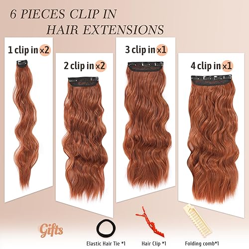 Miniatura 3 de NAYOO Extensiones de clip para cabello de 20 pulgadas para mujer, cabello ondulado y rizado de cobre rojo, extensiones de cabello sintético para