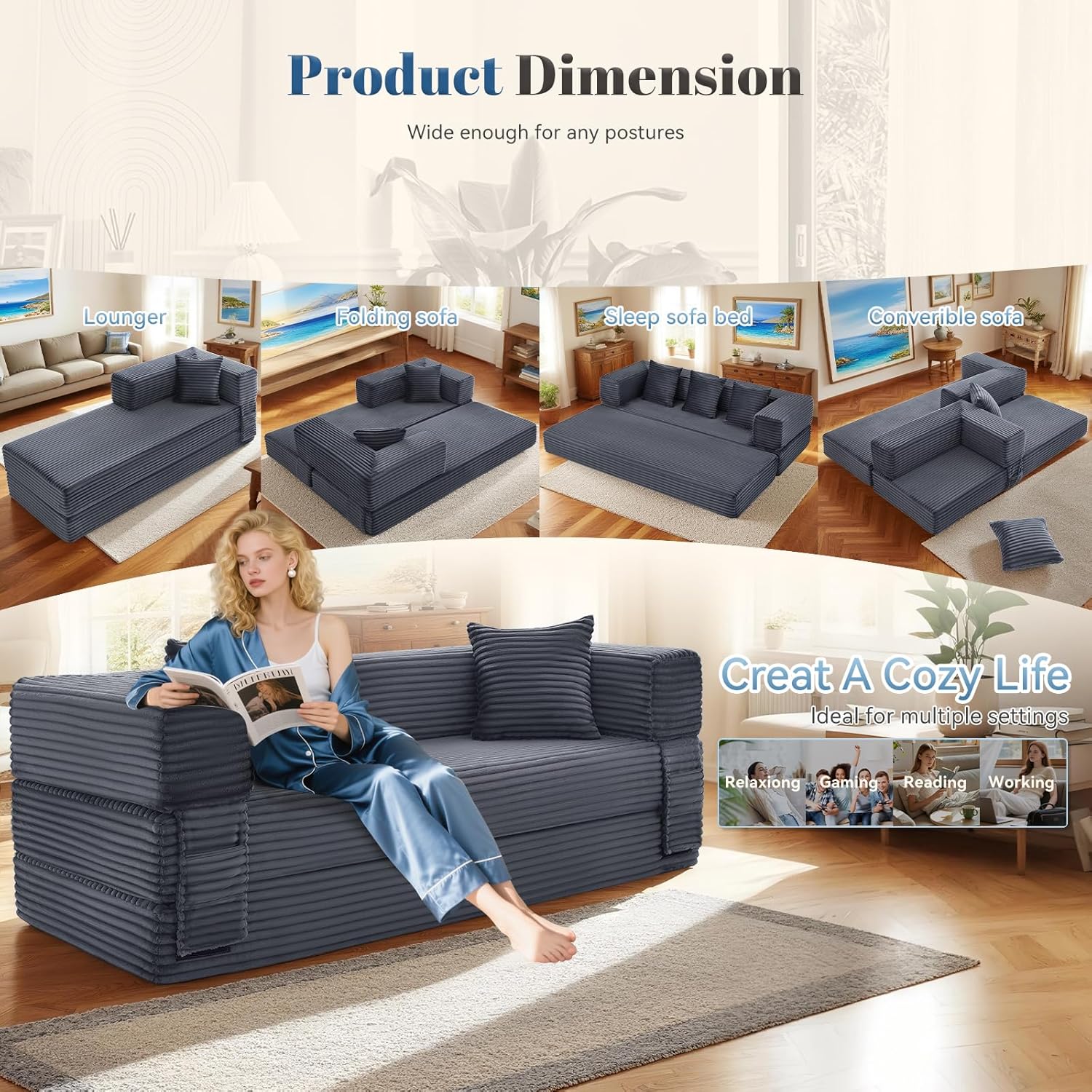 Convertible FoldIing Sofa Bed,5-in-1 Futon Queen Sleeper Sofa with Removable Armrests, Modular Futon Couch with Pull Out Bed,Boneless Couch for Living Room,Compression Sofa in Box, Gray