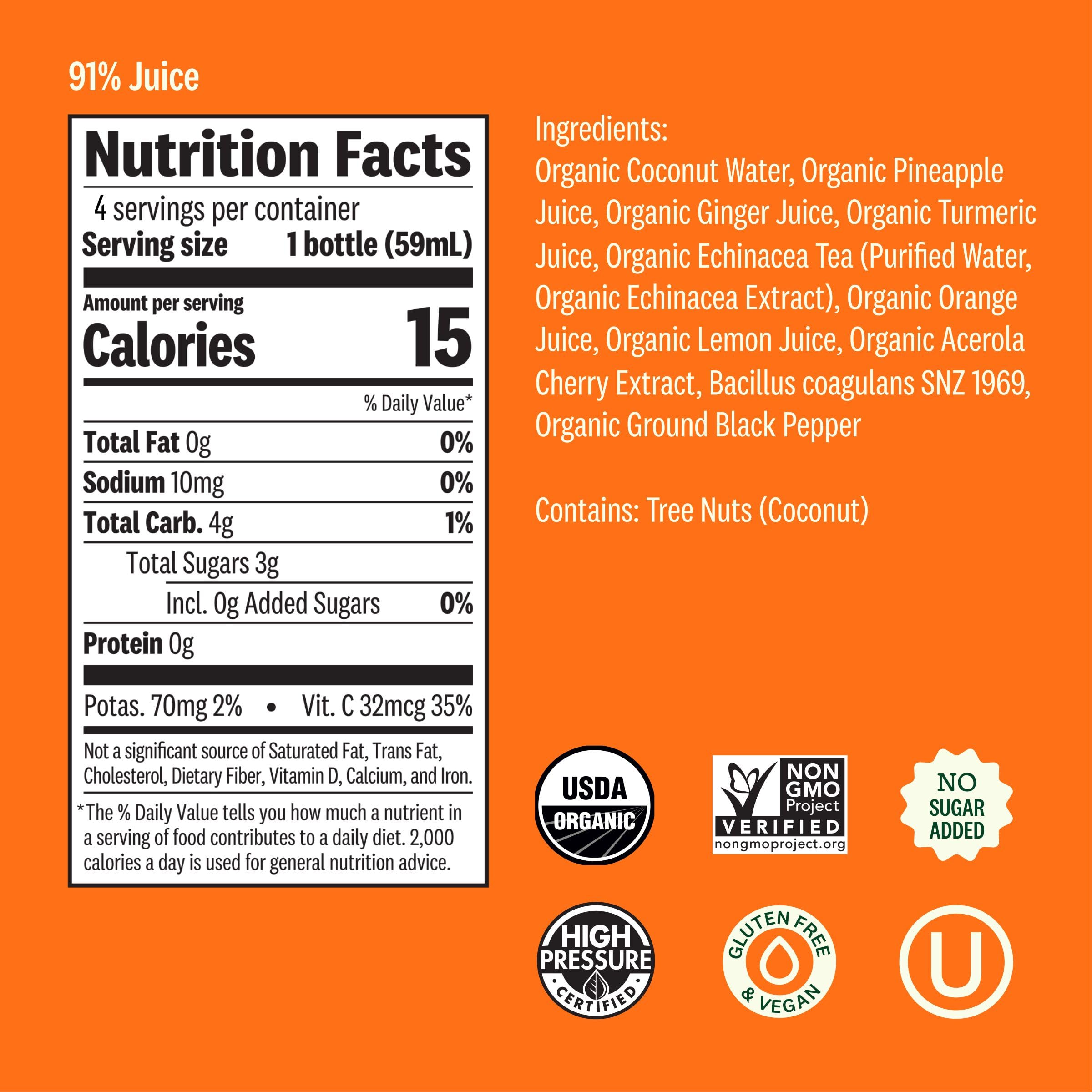 Suja Organic Immunity Defense Shot (2 Fl Oz x 4 Count) with Turmeric and Ginger | Immunity Boost & Support | Functional Shots | Cold-Pressed Juice with Live Probiotics | Plant-Based & Gluten-Free
