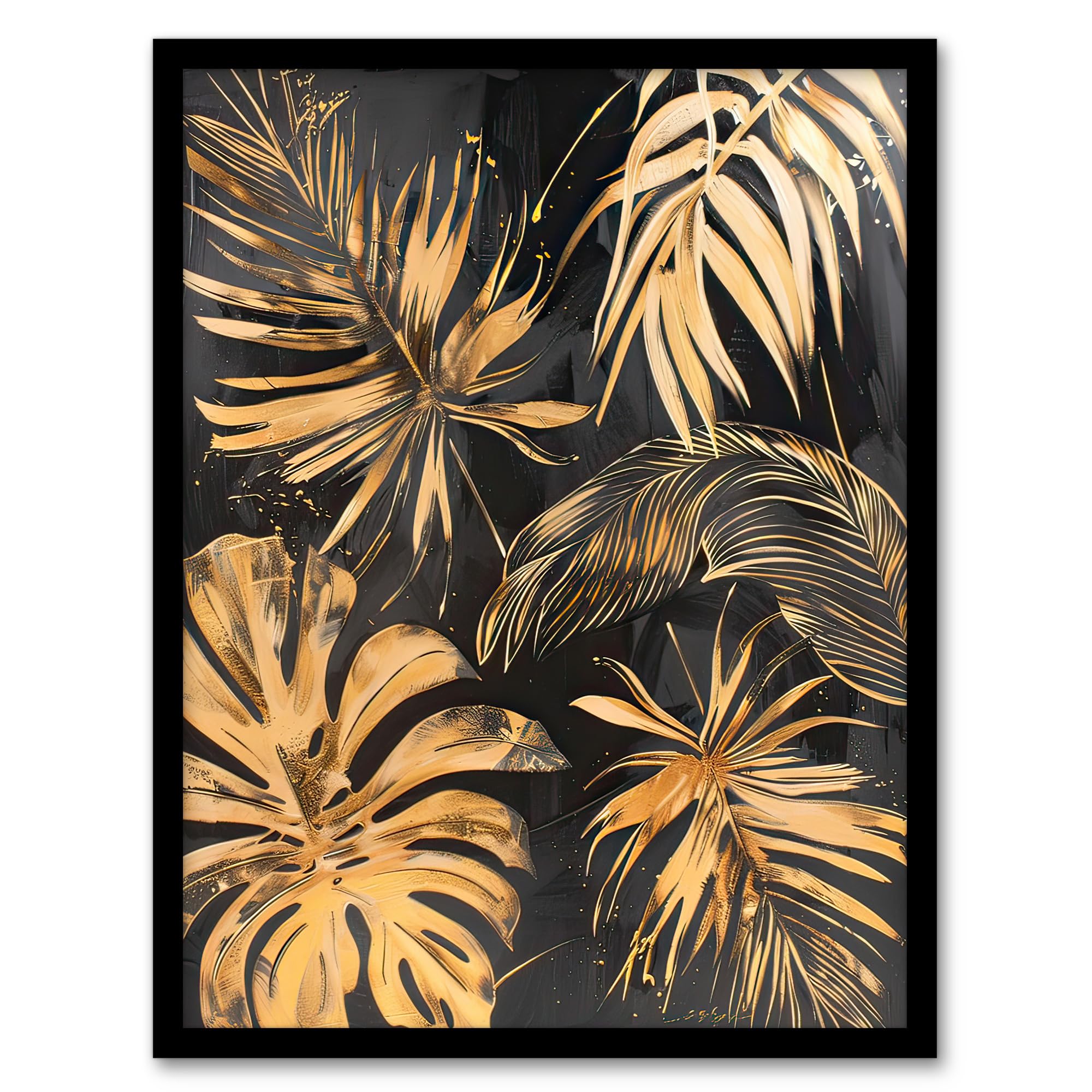Artery8 Golden Monstera Leaf Palm Frond Dark Plant Lover Living Room Artwork Framed Wall Art Print 18X24 Inch