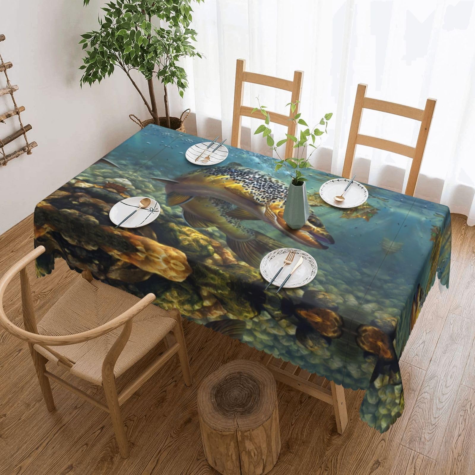 QAZWZML Fly Fish Printed tablecloth, made of thick polyester with lace trim, suitable for dining rooms, picnics, and weddings