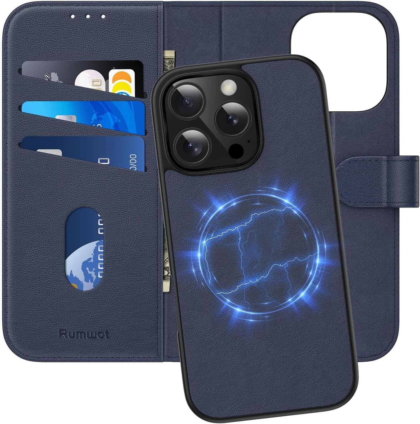 for iPhone 16 Pro Max Case Detachable Wallet Case with Card Holder, 2 in 1 Genuine Leather Flip Folio with RFID Blocking Stand Wrist Strap Shockproof Phone Cover Blue