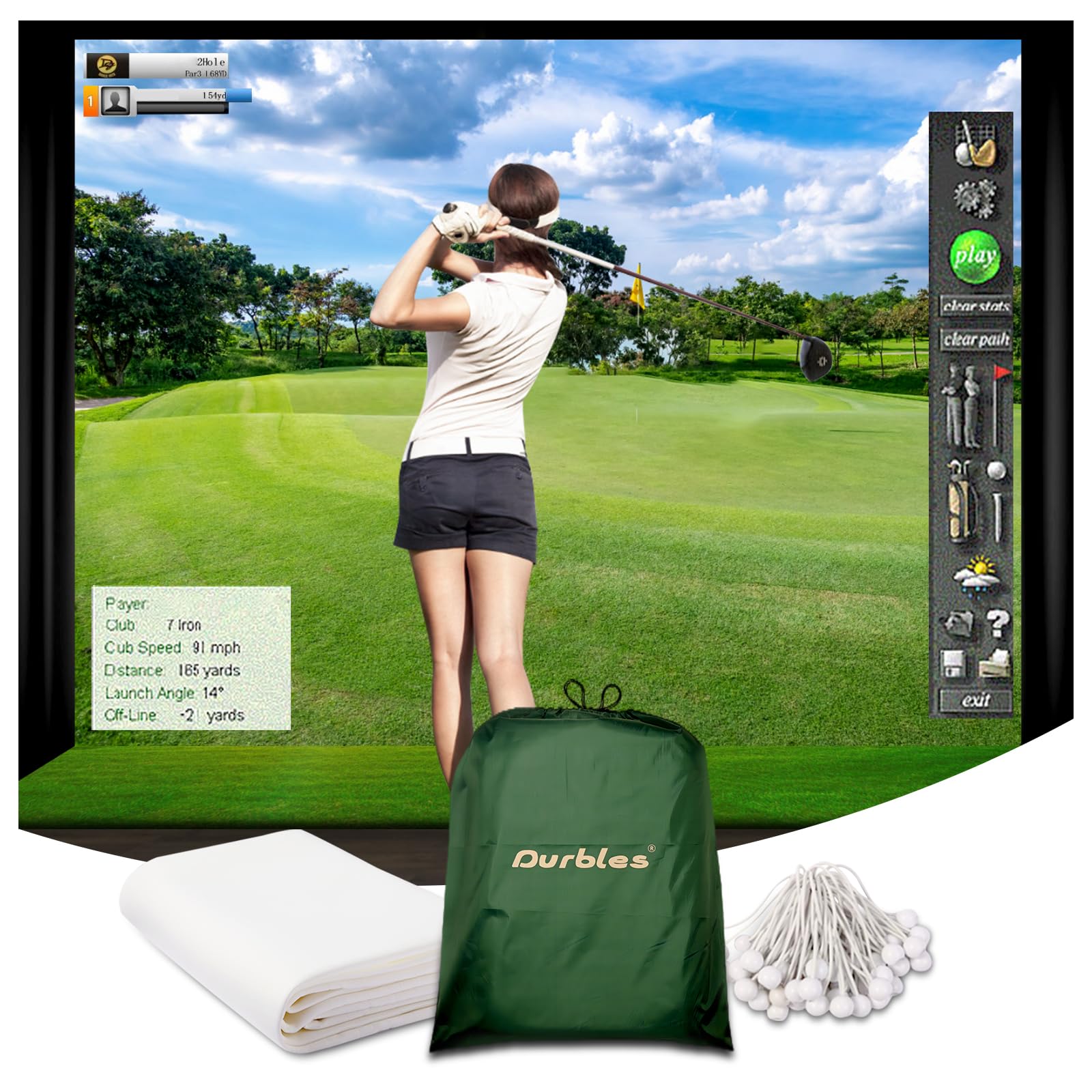 Durbles Golf Simulator Impact Screen, Premium Triple Layer Launch Monitor Projector Screen with HD Visuals, Indoor Practice Screen for Enclosure and Net, Hitting Screen with Grommets & Bungee Cords