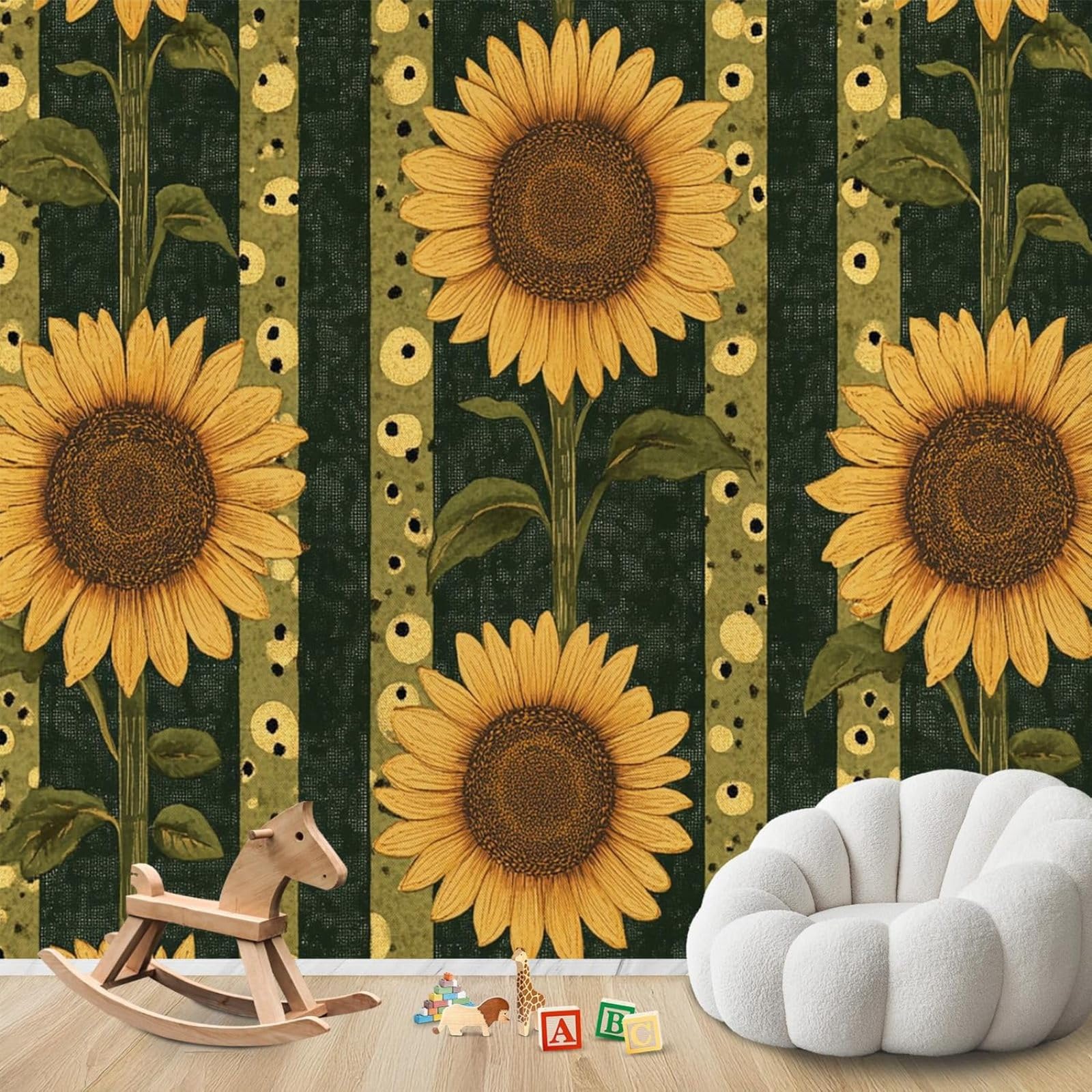 Papier peint moderne tournesols à rayures pour illuminer la chambre d'enfant