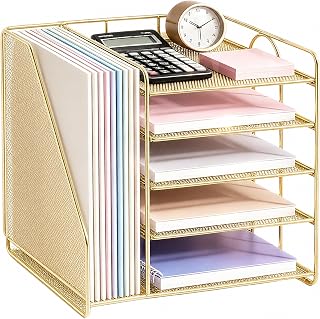 OPNICE Desk Organizer, 5-Tier Paper Organizer Letter Tray, Gold | Desk Organizers and Accessories, Office Desk Accessories & Workspace Organizers, Desktop File Organizer for Office Supplies