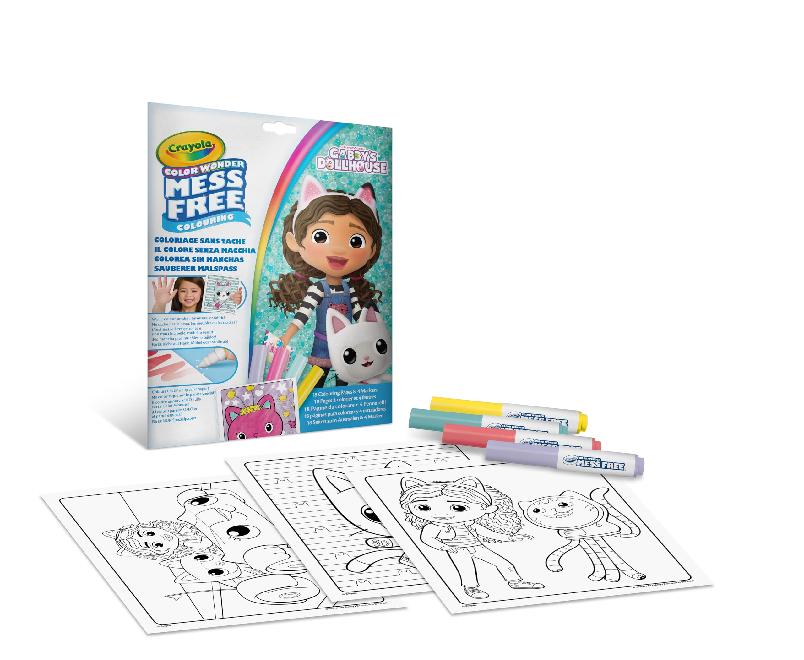 CRAYOLA - Color Wonder, Juego para Colorear con 18 Páginas para Colorear y 4 Rotuladores Sin Manchas, tema: la Casa de Muñecas de Gabby, Actividad Creativa para Niños, edad 3, 4 y 5 años, 75-2861