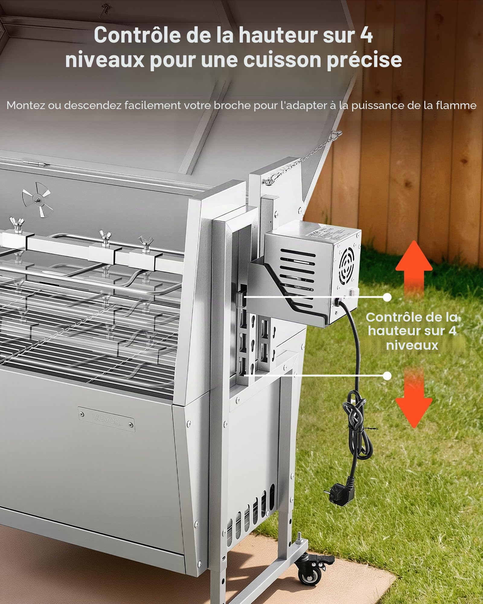 VEVOR Barbecue à Charbon Chargeant 60 kg, Barbecue Rôtissoire avec Roues, Kit de Tournebroche Électrique 38 W, 4 Niveaux de Hauteur, Broche en Acier Inoxydable, pour Agneau Porcelet, Extérieur
