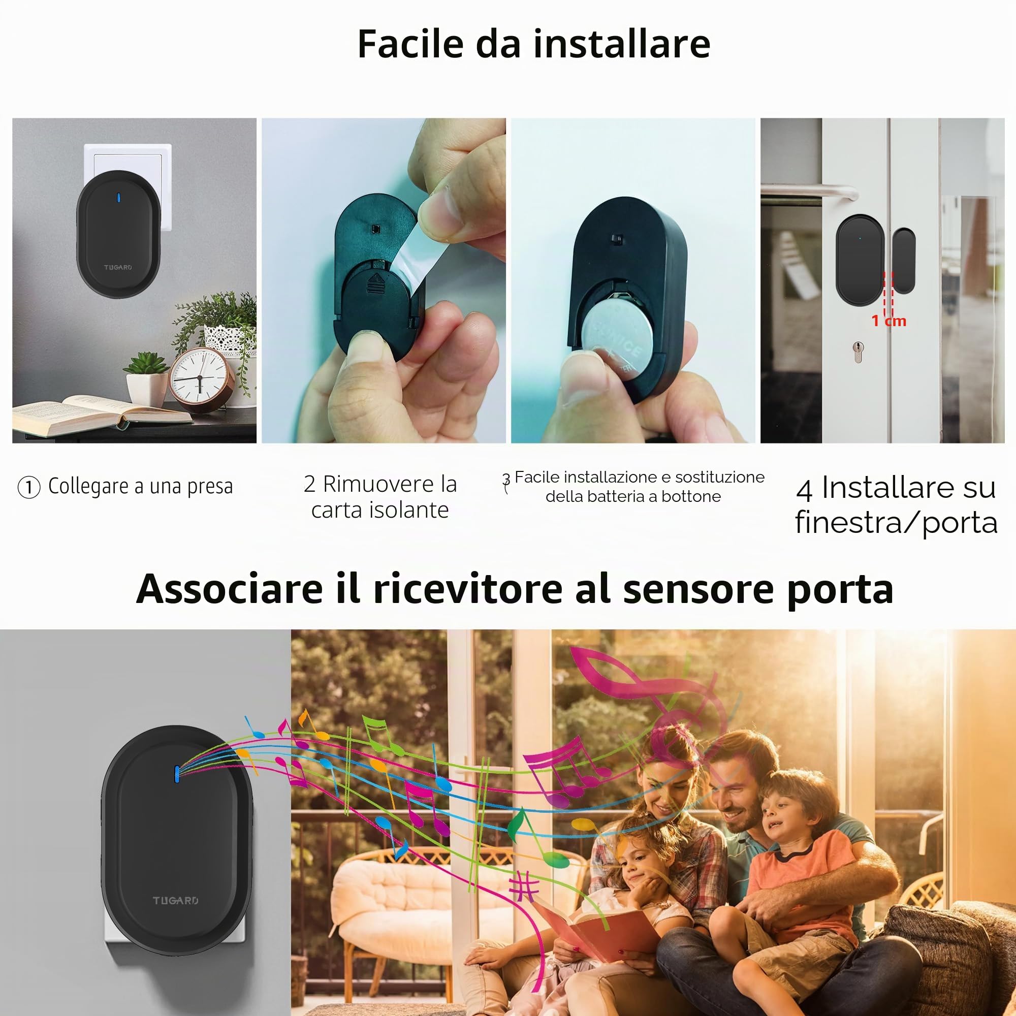 Rilevatore di campanello senza fili per porte e finestre, 39 suonerie, 2 campanelli di allarme 4 coppie di sensori di porta,Sistema di allarme per la sicurezza domestica, nero