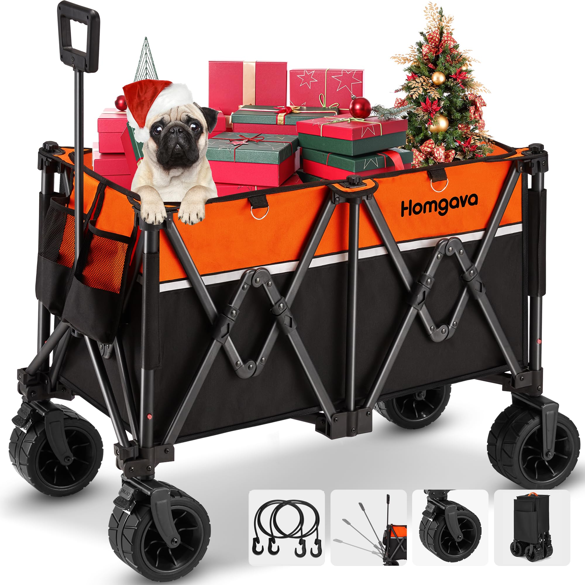 Homgava Collapsible Wagon with Big Wheels,Foldable Beach Wagon with Cup Holders,Heavy Duty Portable Enlarged Capacity Wagon Cart with Tail Bags,Outdoor Utility Garden Cart for Camping Sports Shopping