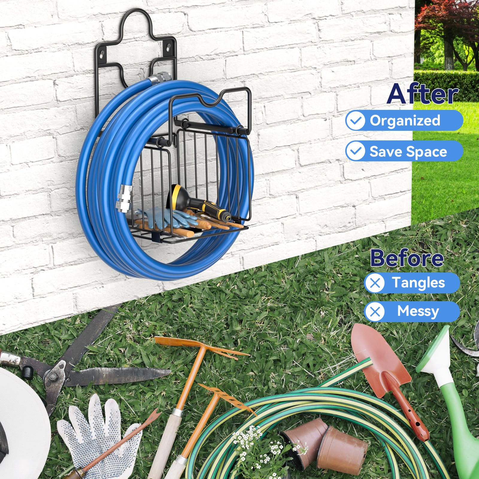 Soporte Manguera Jardin - Soporte Manguera Pared con Cesta de Almacenamiento - Metal de Gran Resistencia Portamangueras Pared, Robusto Duradero Colgador Manguera Recoge para Garaje Patio Garaje Césped