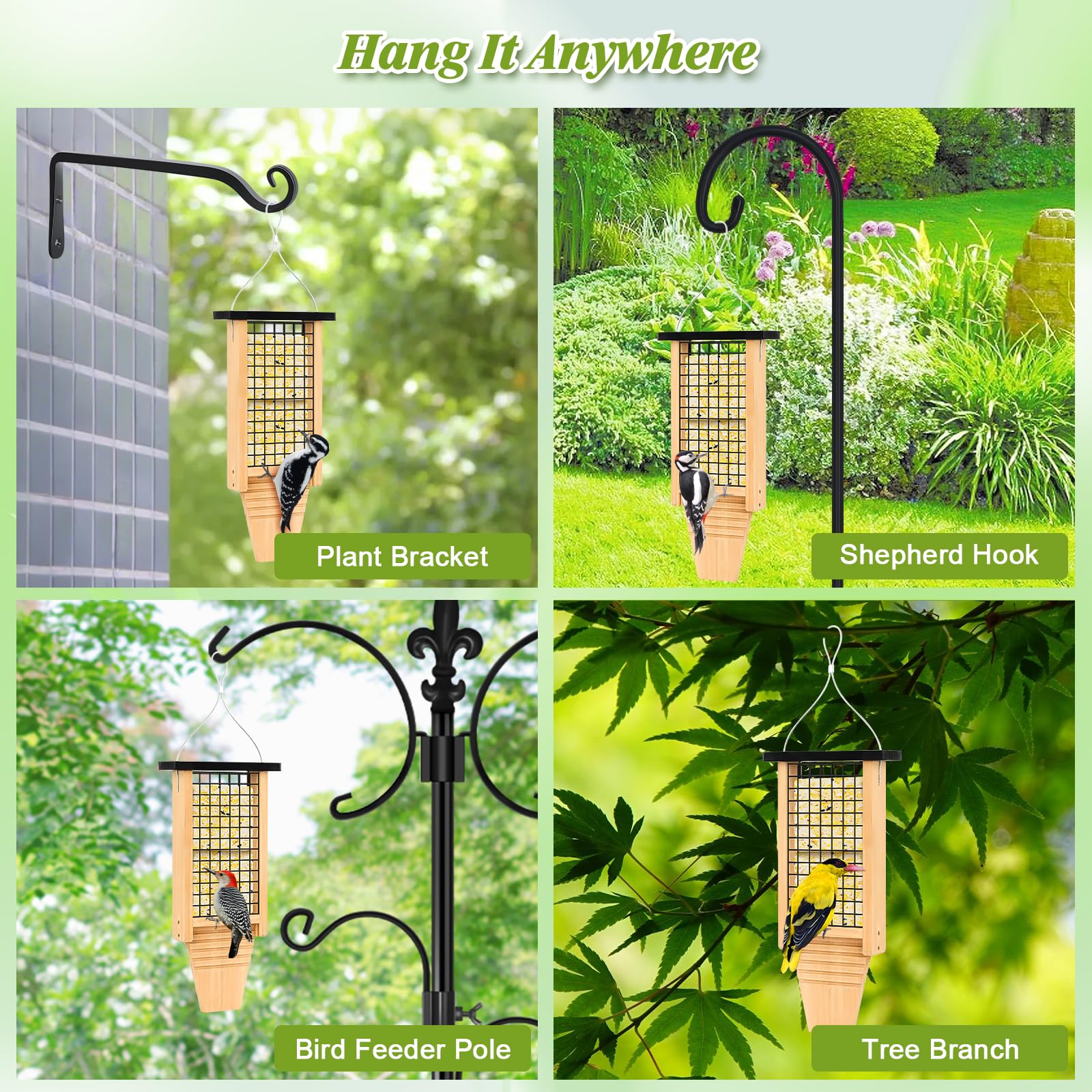 Gbekery Comedero de madera para pájaros para colgar en el exterior, comedero de sebo para pájaros carpinteros con accesorio de cola, comedero colgante para pájaros silvestres, 1 paquete, color negro
