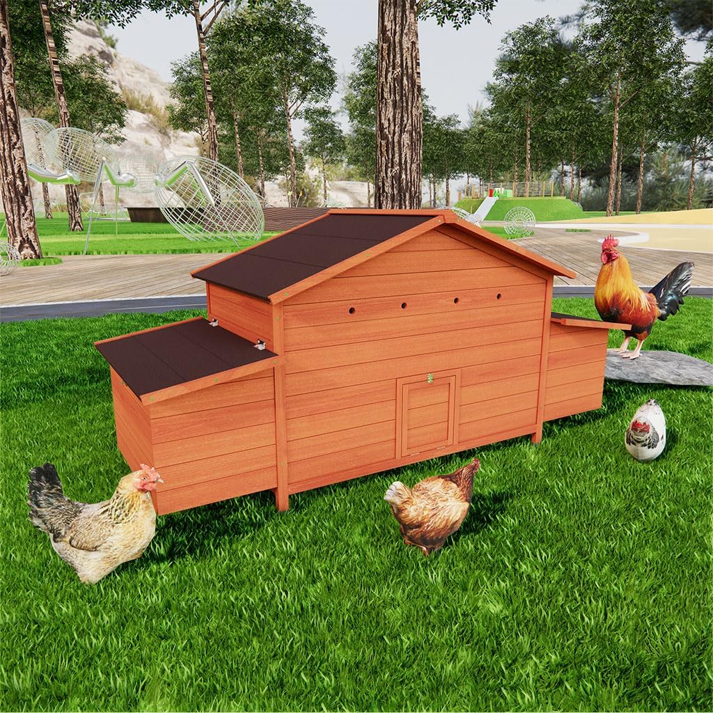 68" Large Wooden Chicken Coop for 4-6 Chickens, Outdoor Hen House with 4 Nesting Boxes, Leakproof Tray and Ventilation, Insulated Weatherproof Chicken Cage for Farm, Backyard