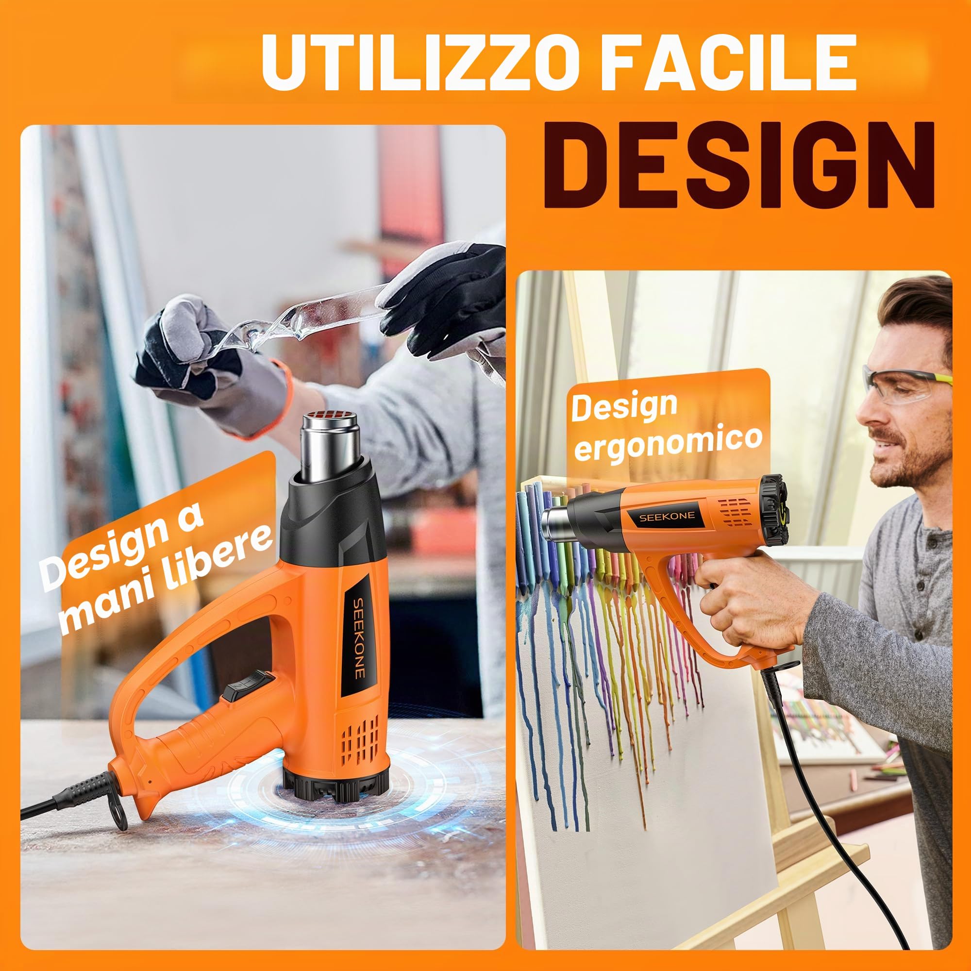 SEEKONE Pistola Termica 2000W Professionale 60-600°C Regolabile con 7 Accessori