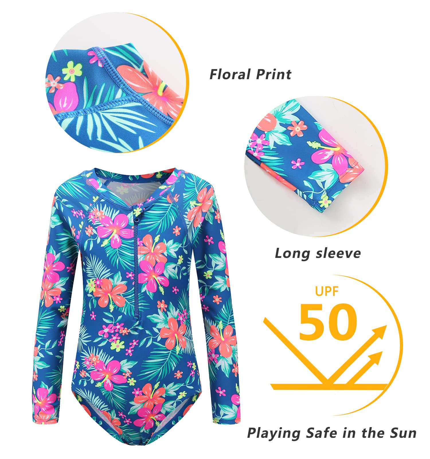 Traje de baño de una pieza con protección solar UPF 50+ para niñas de manga larga para niños, traje de baño de rayas arcoíris 3-14 años