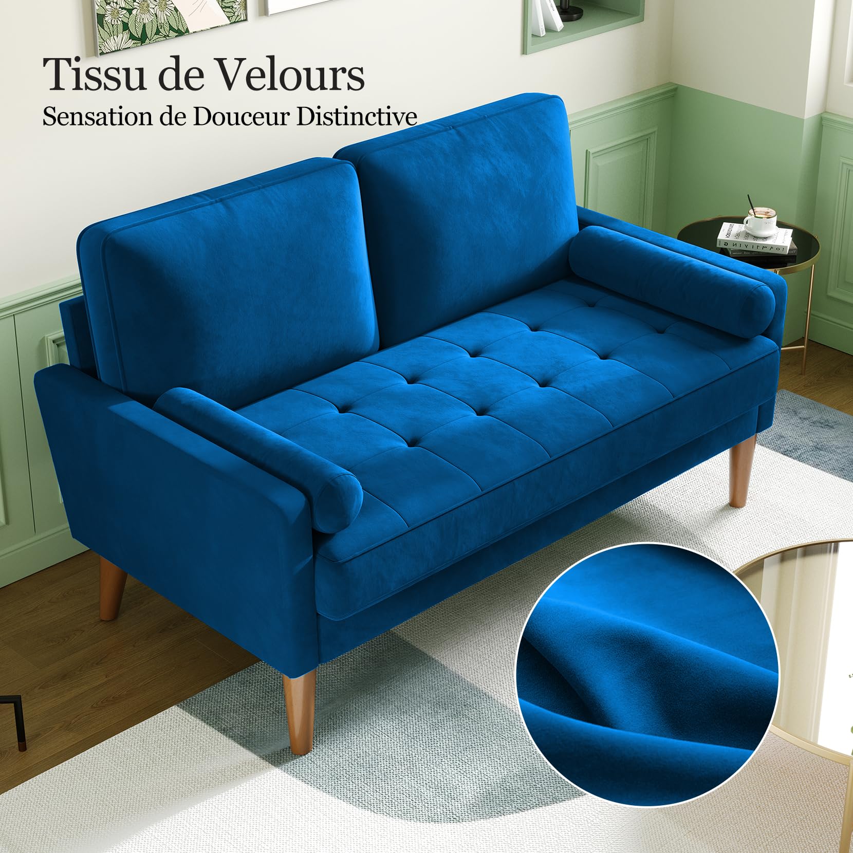 Vesgantti Canapé 2 Places 121 cm, Petit Canapé Compact en Velours, Loveseat Moderne avec Accoudoirs, Assise à Ressorts et Mousse Haute Résilience, Canapé Salon Chambre Studio, Bleu Profond