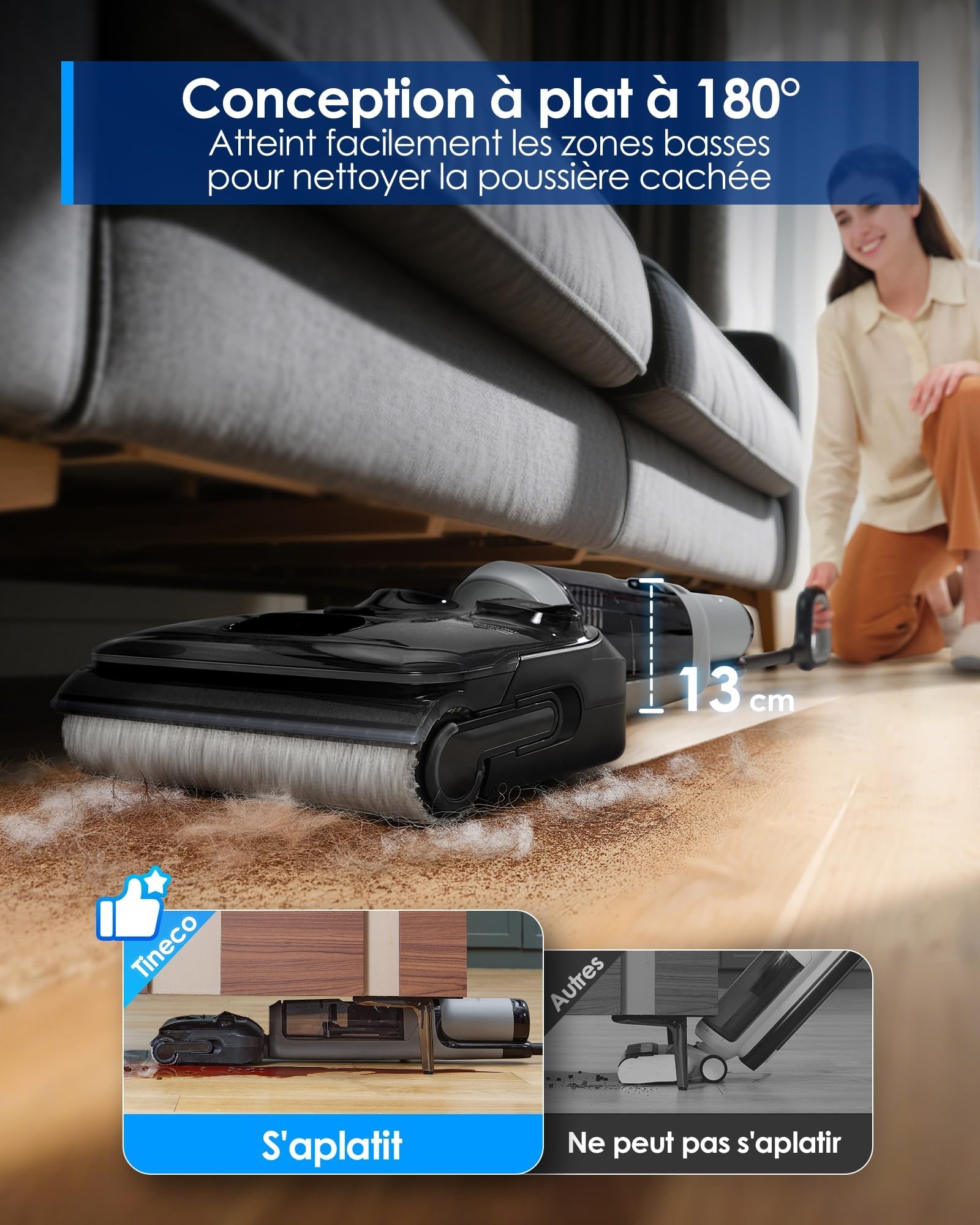 Tineco Floor One i5 Stretch Aspirateur Laveur Sec et Humide 20 kPa 180° 30 Min