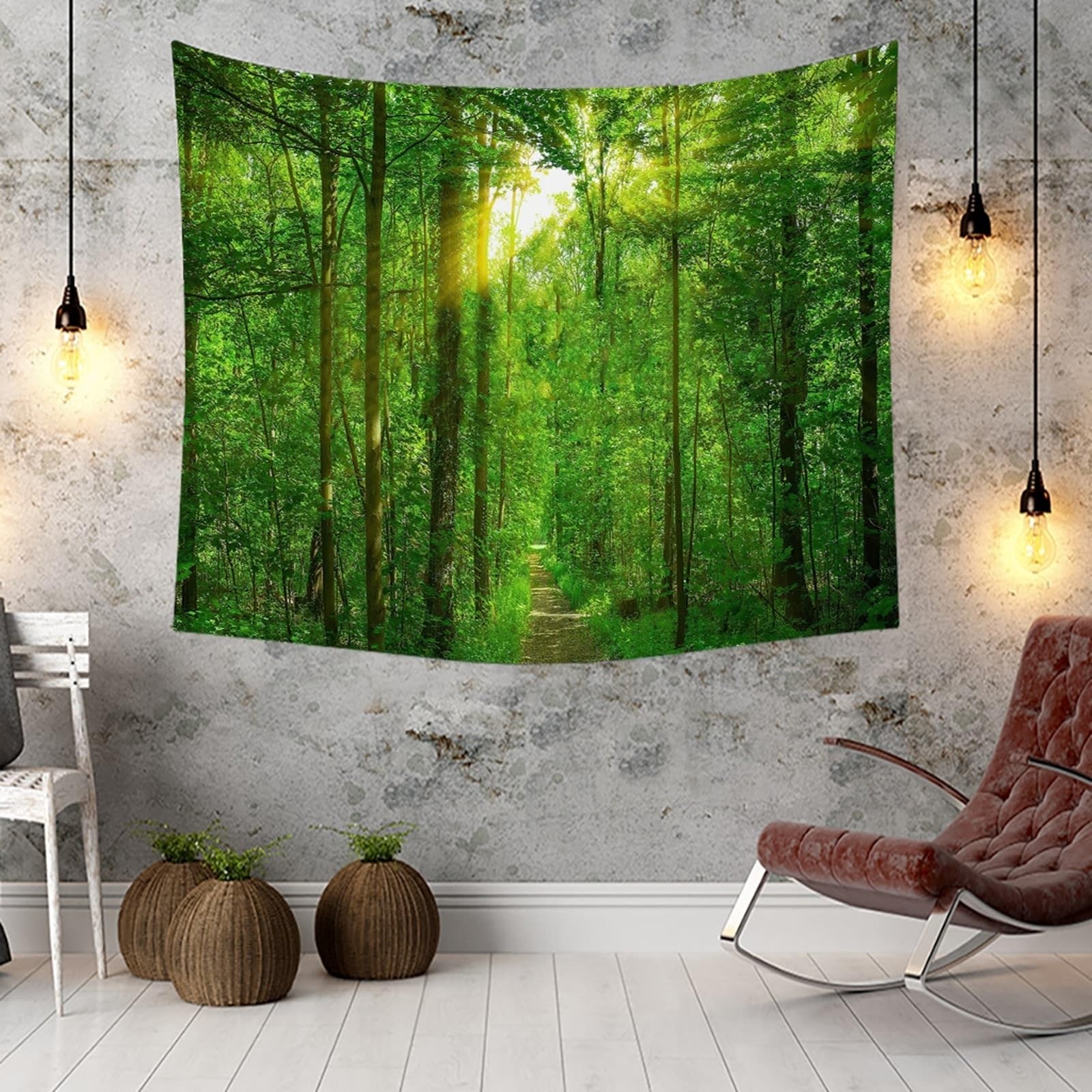 Skcess Wandbehang Natur 260x240cm, Polyester Tapisserie Grün Braun Sonnenschein, Wald und Pfad Wandteppich