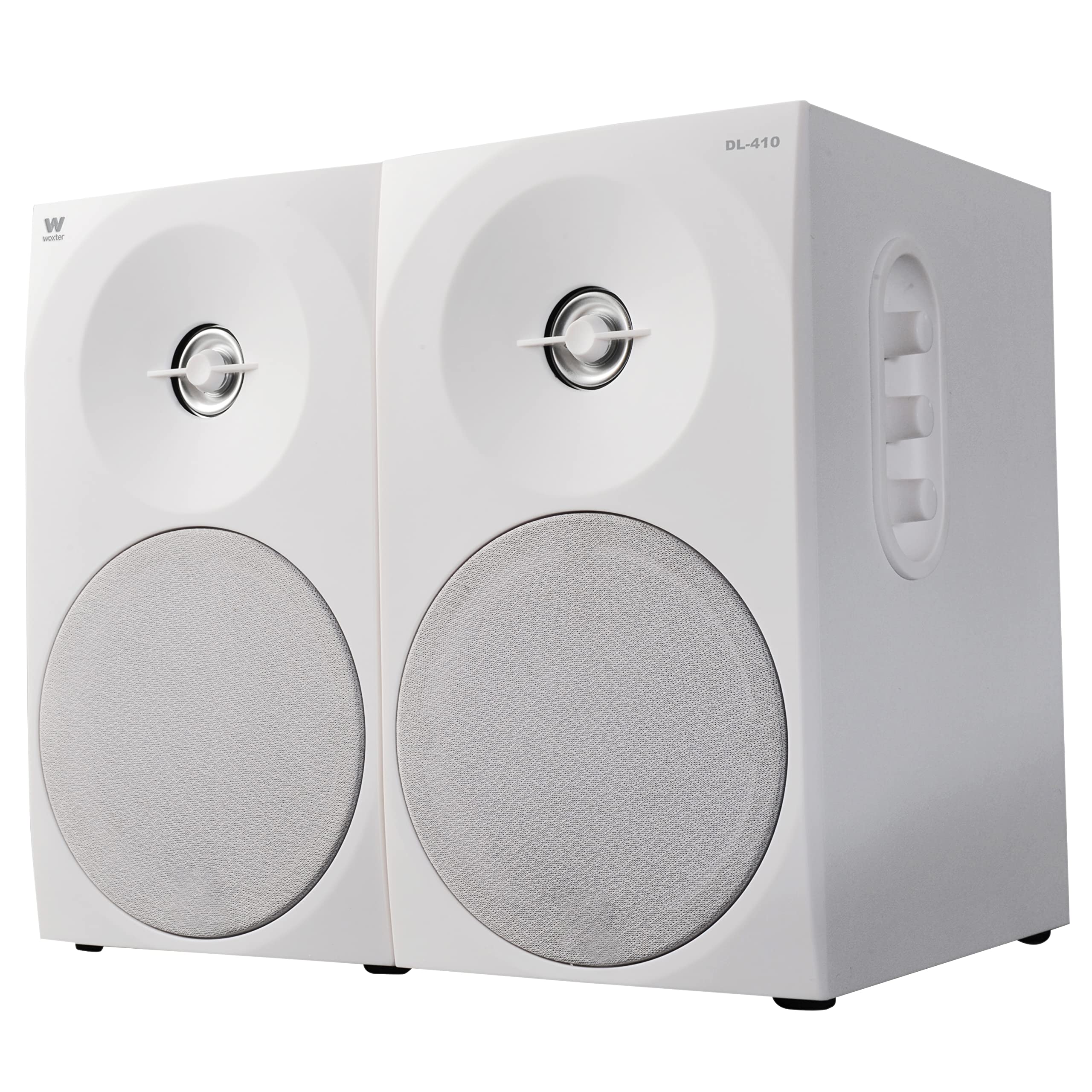 Woxter Dynamic Line 410 – Altavoces estéreo 2.0 Autoamplificados con 150W de potencia, Madera, Woofer de 4 pulgadas, 2 Tweeter, 3.5 mm, RCA, Control volumen, agudos, graves, Blanco