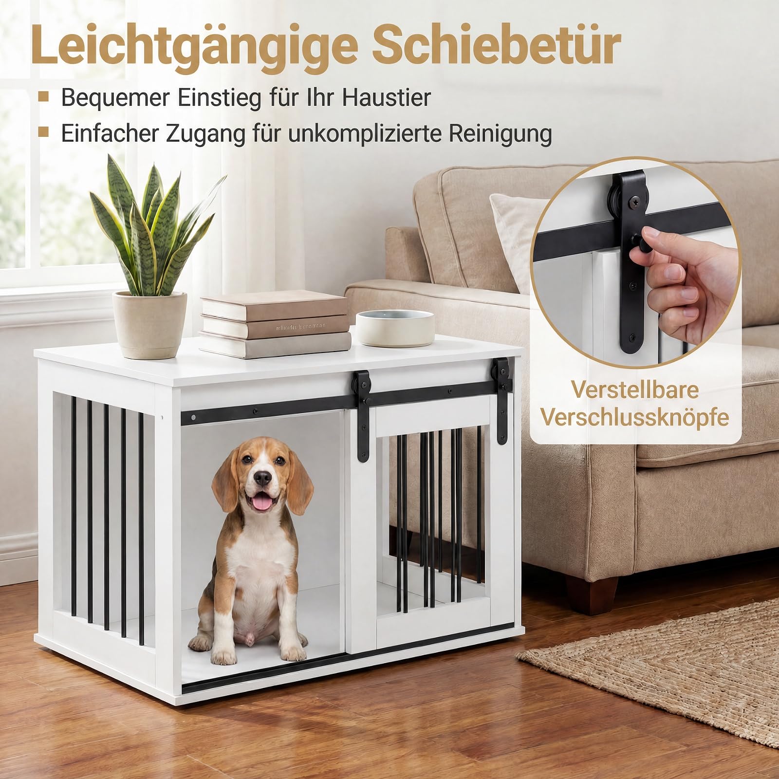 DREAMADE Hundekäfig für Zuhause, Hundebox Holz & Metall (Weiß) | Hundekäfig Möbel mit abschließbarer Schiebetür, Hundeschrank als Beistelltisch für kleine & mittelgroße Hunde, für Wohnzimmer