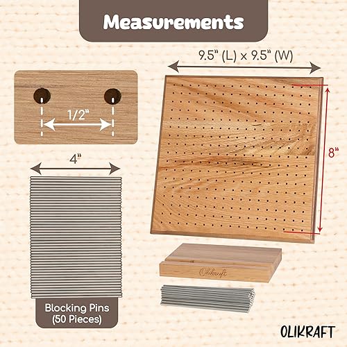 Miniatura 2 de Olikraft Tabla de bloqueo de ganchillo de 9.5" con clavijas, 50 alfileres, tablas de bloqueo cuadradas de abuela para proyectos de ganchillo,