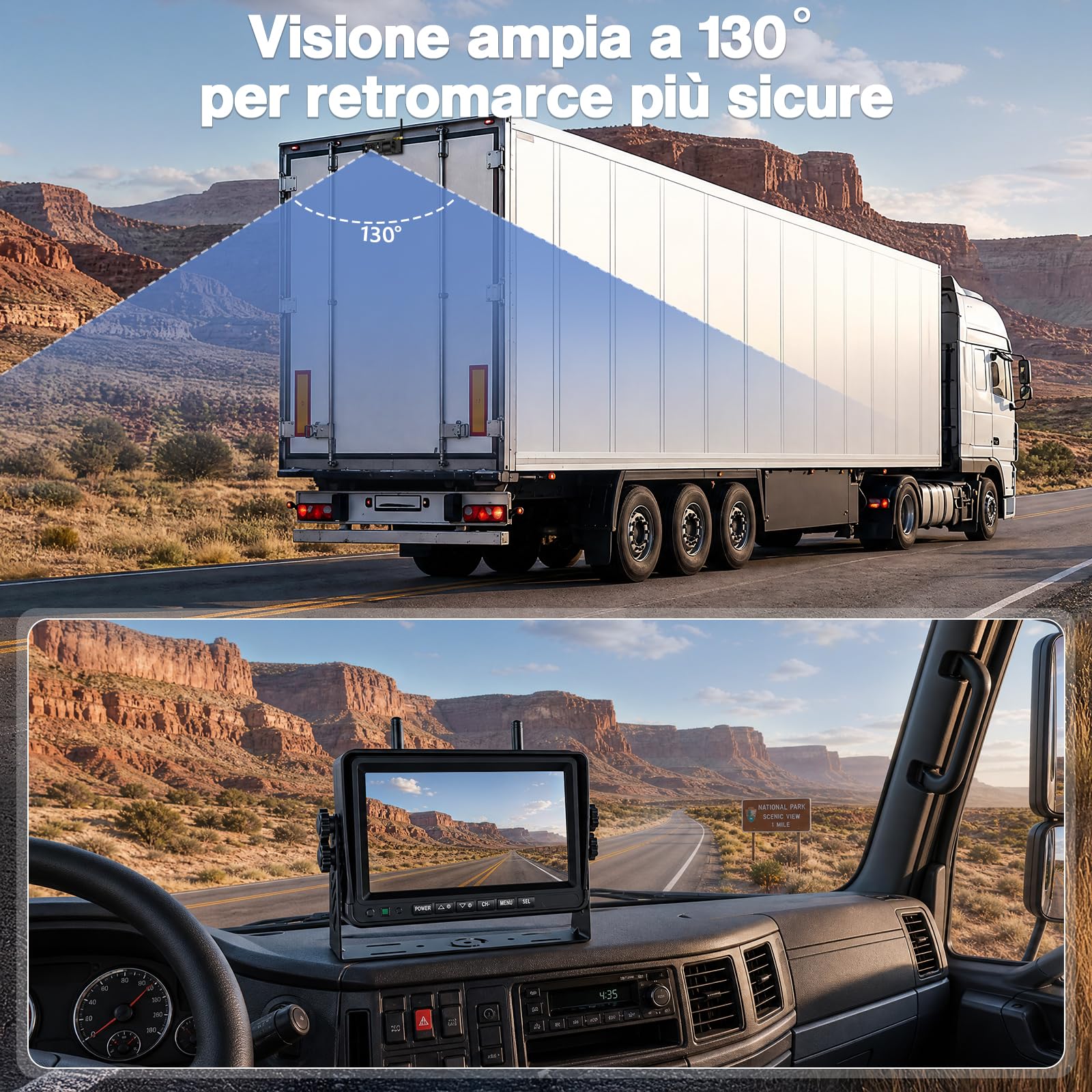 Telecamera Retromarcia Solare Wireless 10000mAh, Monitor 7" IPS con DVR, Portata Lunga, Montaggio Magnetico, 1080P HD Visione Notturna, IP67 per Camper Furgone Camion(VS-7G)
