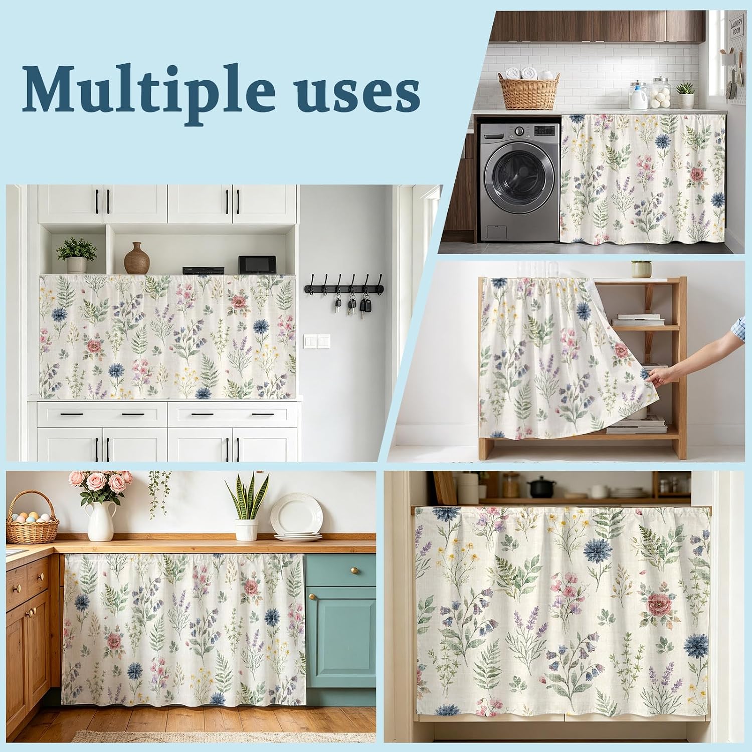 Cabinet Curtains for Shelves, Beige Wildflowers Under Sink Cabinet Curtain Skirt for Extra Long Kitchen Counters, Open Storage Spaces, Farmhouse Summer Botanical Decorative Dishwasher Curtain 32x55 in