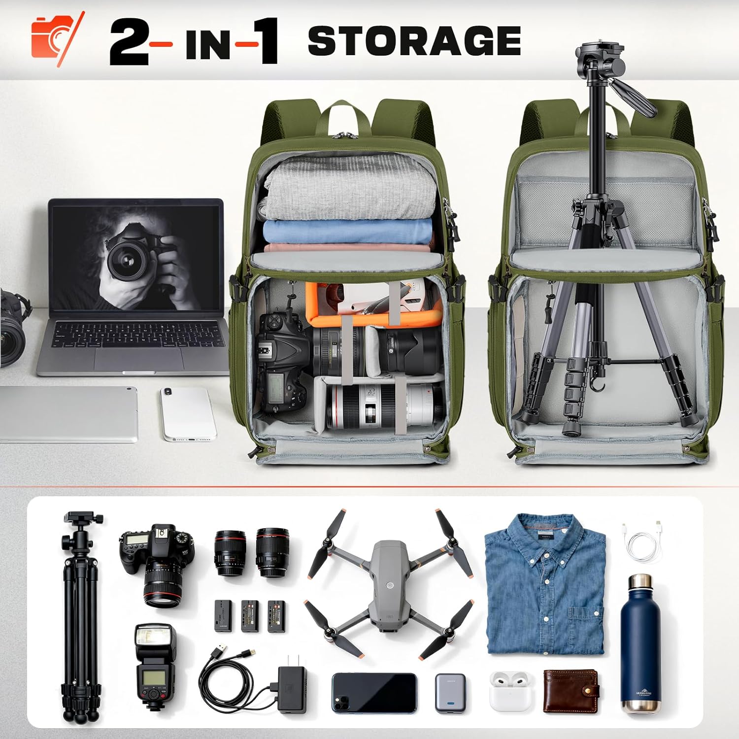 RAINSMORE Camera Bag Backpack for DSLR/SLR/Mirrorless Camera Bags for Photographers 15.6 Inch Waterproof Tactical Photography Backpack Case with Rain Cover & Tripod Holder, Army green - Image 3