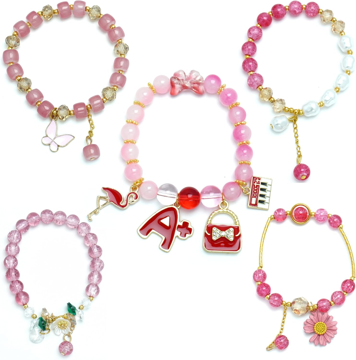5PCS Beaded Charm Bracelets for Girls Flamingo Dainty Kawaii Crystal Beads Bracelets Set for Teens Girls Adjustable Stretch Bracelet Birthday Graduation Gift For Daughter Niece Granddaughter