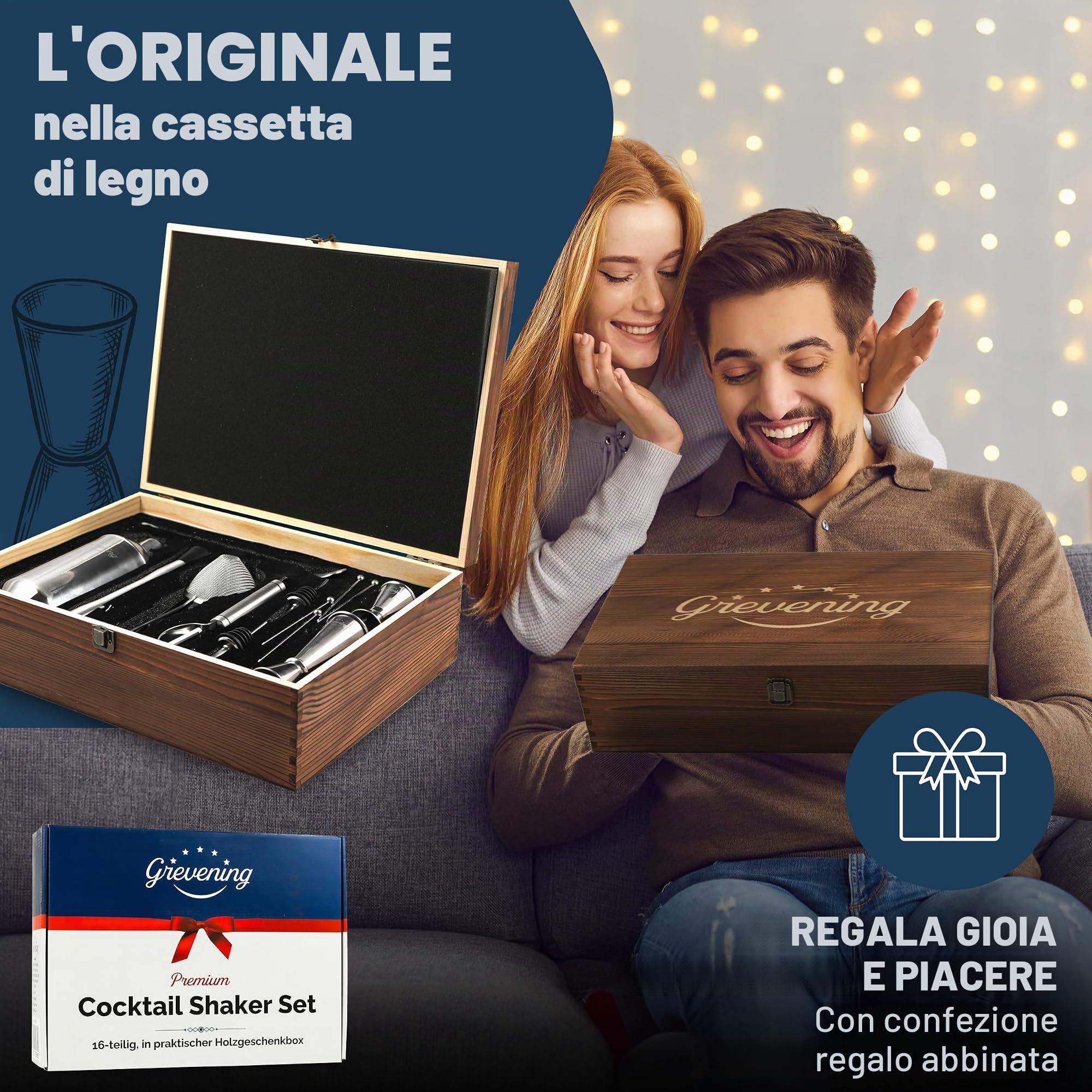 Set di 16 shaker da cocktail in pratica ed elegante scatola di legno, ottima confezione regalo con ricettario per principianti e professionisti, acciaio inossidabile 304 Premium