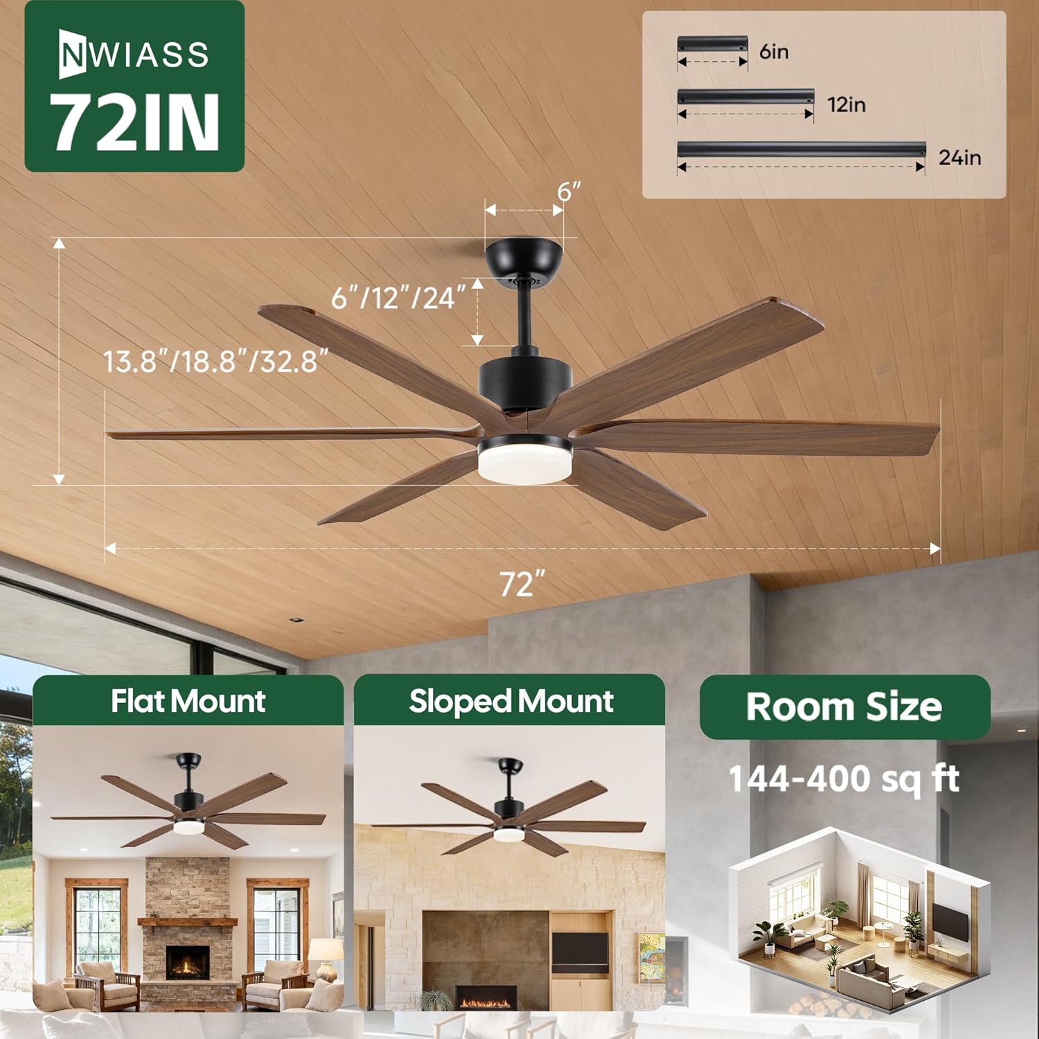 72 Inch Farmhouse Ceiling Fan with Light and Remote Indoor Outdoor Use, 6 Solid Wood Blades, High CFM,Quiet Reversible DC Motor, 3 CCT,3 Downrods, Ceiling Fans for Bedroom Patio