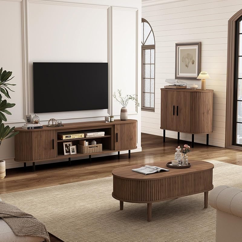 BREEZEHEAT 80'' Mid Century Fluted Modern TV Stand-Curved TV Cabinet with Storage, Sliding Doors & Adjustable Shelves-Entertainment Center for TVs Up to 90'', Walnut Media Console for Living Room image 6