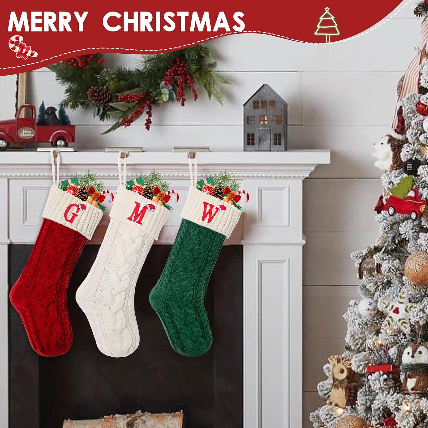 Christmas Stockings with Initials, Personalized Embroidered Monogram 18 Inches Knitted Christmas Stockings Fireplace Xmas Stockings for Kids,Family Holiday Party Decoration Red Letter A