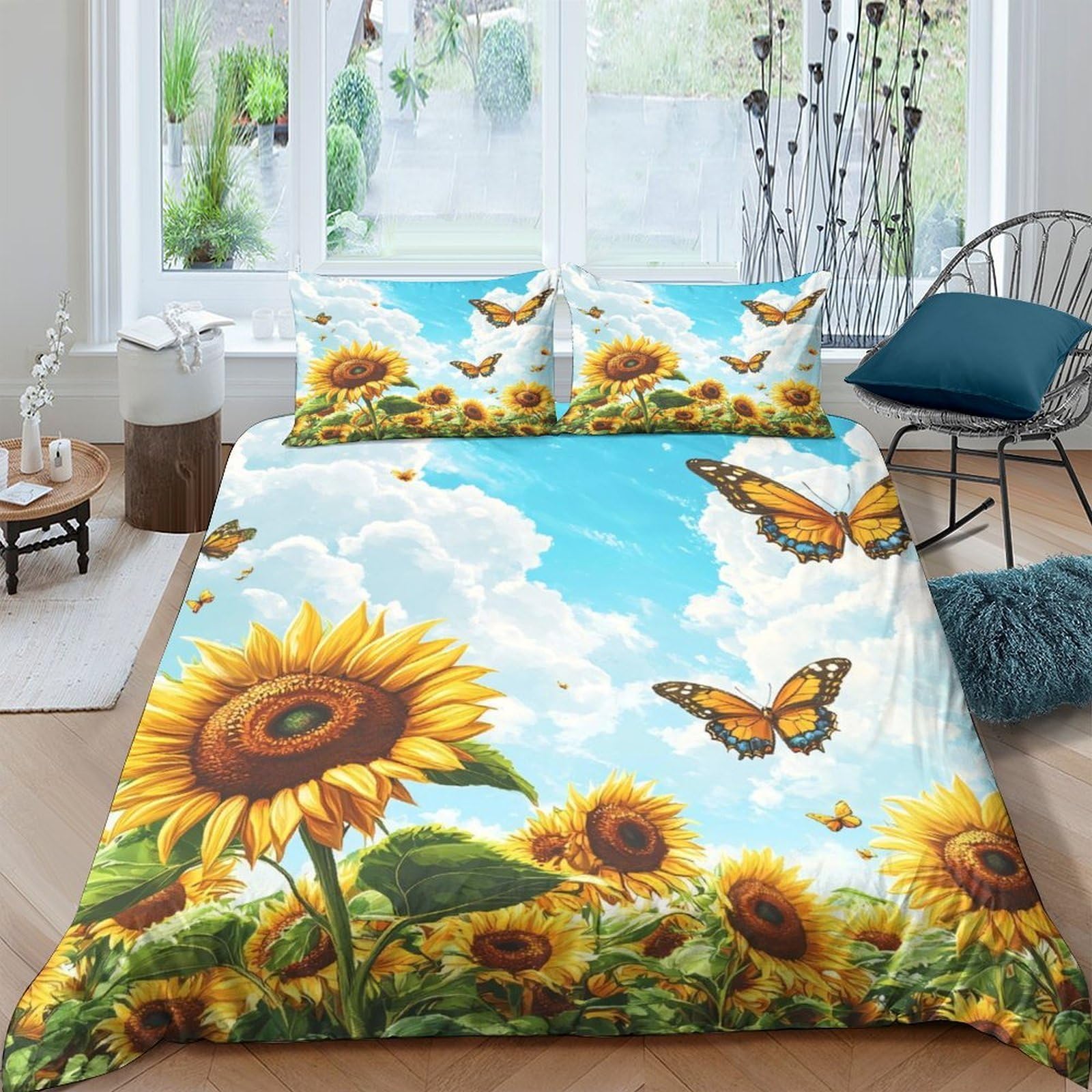 Ctjqhvkz Style-2 3D Printed Sunflower Butterfly Fitted Sheet Microfiber Soft Mattress Cover For Bedroom Guestroom Dorm Decor Single（135X200cm）