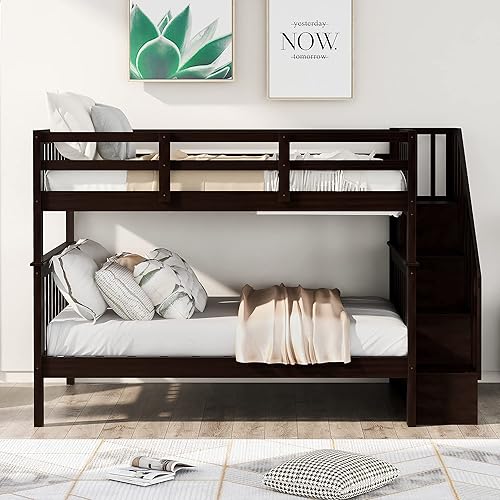 Miniatura 77 de Merax Litera de escalera individual sobre matrimonial con nido, escalera de almacenamiento y barandilla de longitud completa, litera de