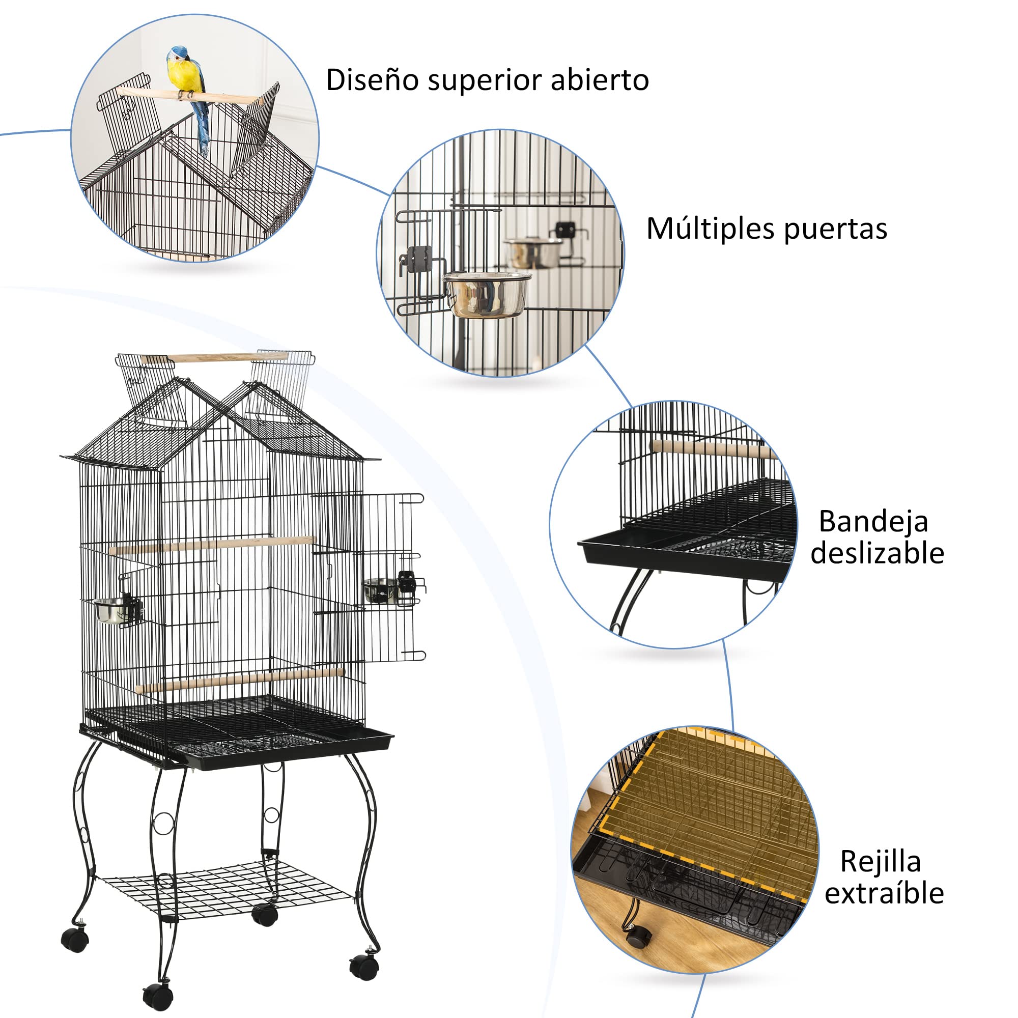 PawHut Jaula para Pájaros con 3 Puertas 2 Comederos 50x58x145 cm Negro | Pajarera Metálica, 3 Perchas, Bandeja Extraíble, Estante Abierto, 4 Ruedas, para Canarios Periquitos