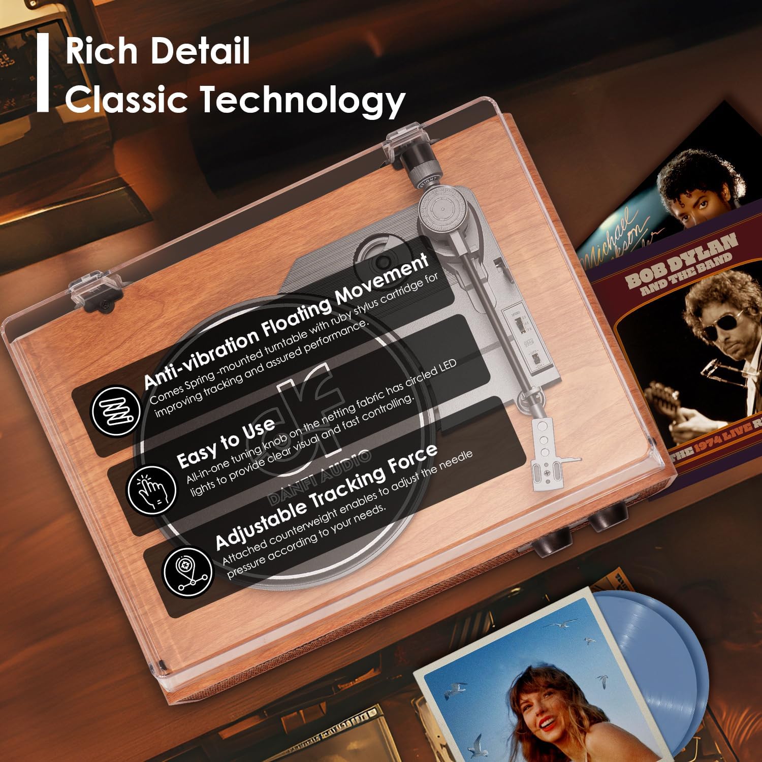 Vinyl Record Player Vintage 3 Speed Turntable Bluetooth with Upgraded Speakers, Adjustable Counterweight, Vinyl LP Player with Enhanced Sound, Aux-in & RCA Output,Light Wood - Image 3