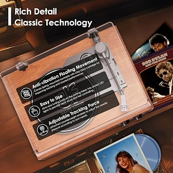 Vinyl Record Player Vintage 3 Speed Turntable Bluetooth with Upgraded Speakers, Adjustable Counterweight, Vinyl LP Player with Enhanced Sound, Aux-in & RCA Output,Light Wood